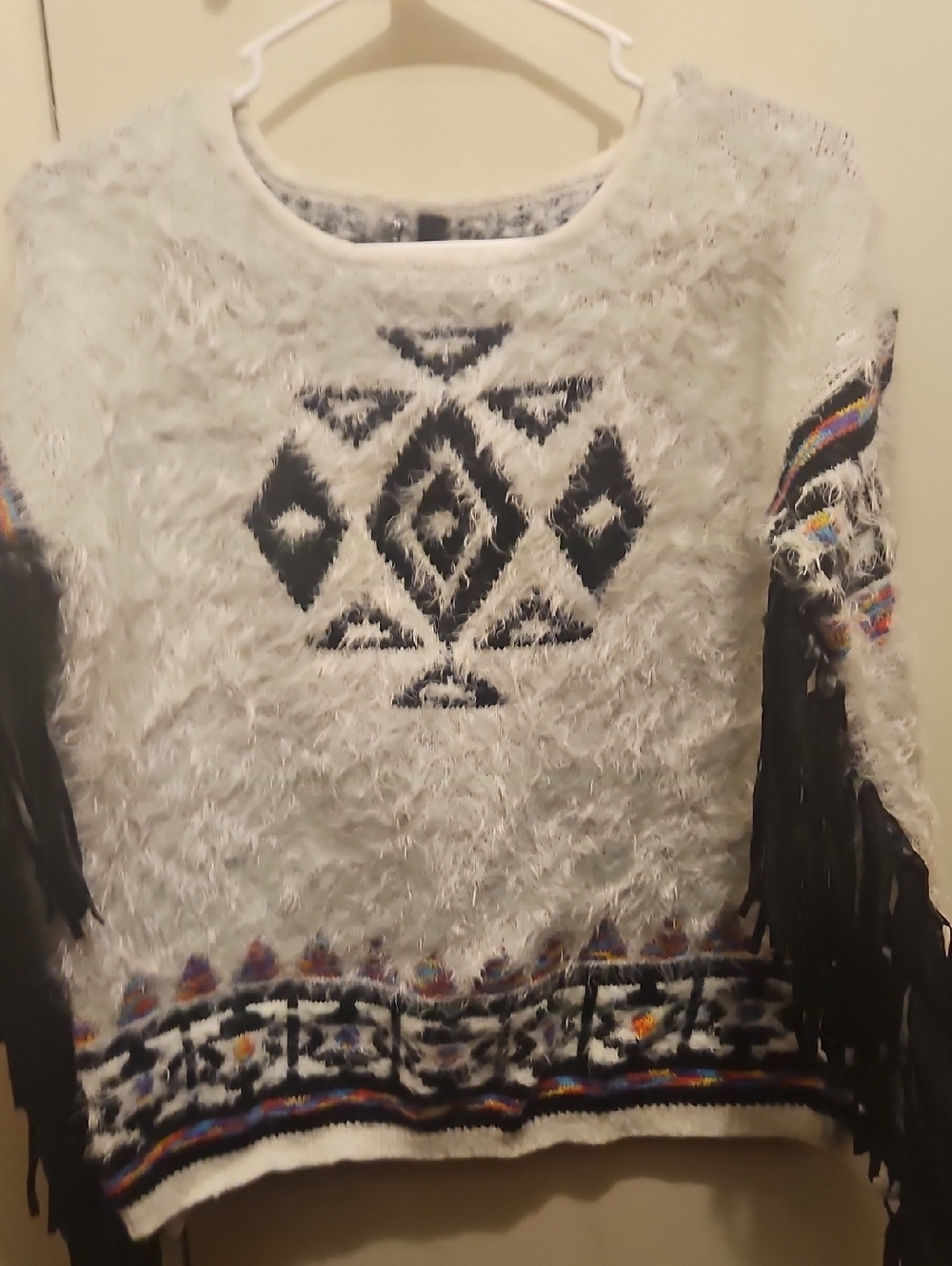 Elan Cream Fuzzy Aztec Fringe Sweater with Black Pattern